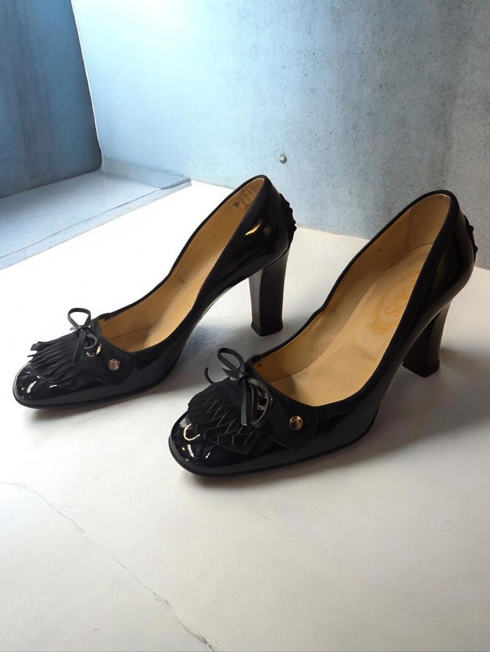 Tod’s Patent Leather Fringe Pumps Dark Blue‎ Heel Size 9